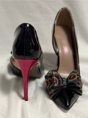 Black Patent Pointed-Toe Heels with Multicolor Crystal Bow and Pink Stiletto